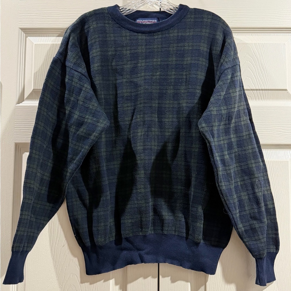 Vintage Roundtree & Yorke Sweater Mens Medium Green Blue Plaid Made USA 90s